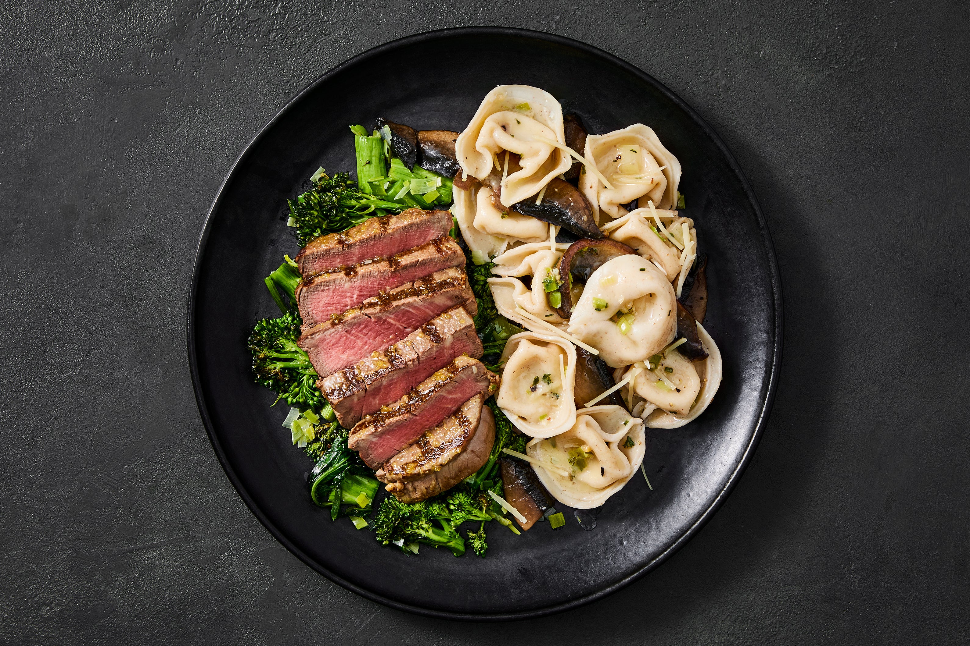 Grilled Filet Mignon & Truffle Mushroom Tortellini