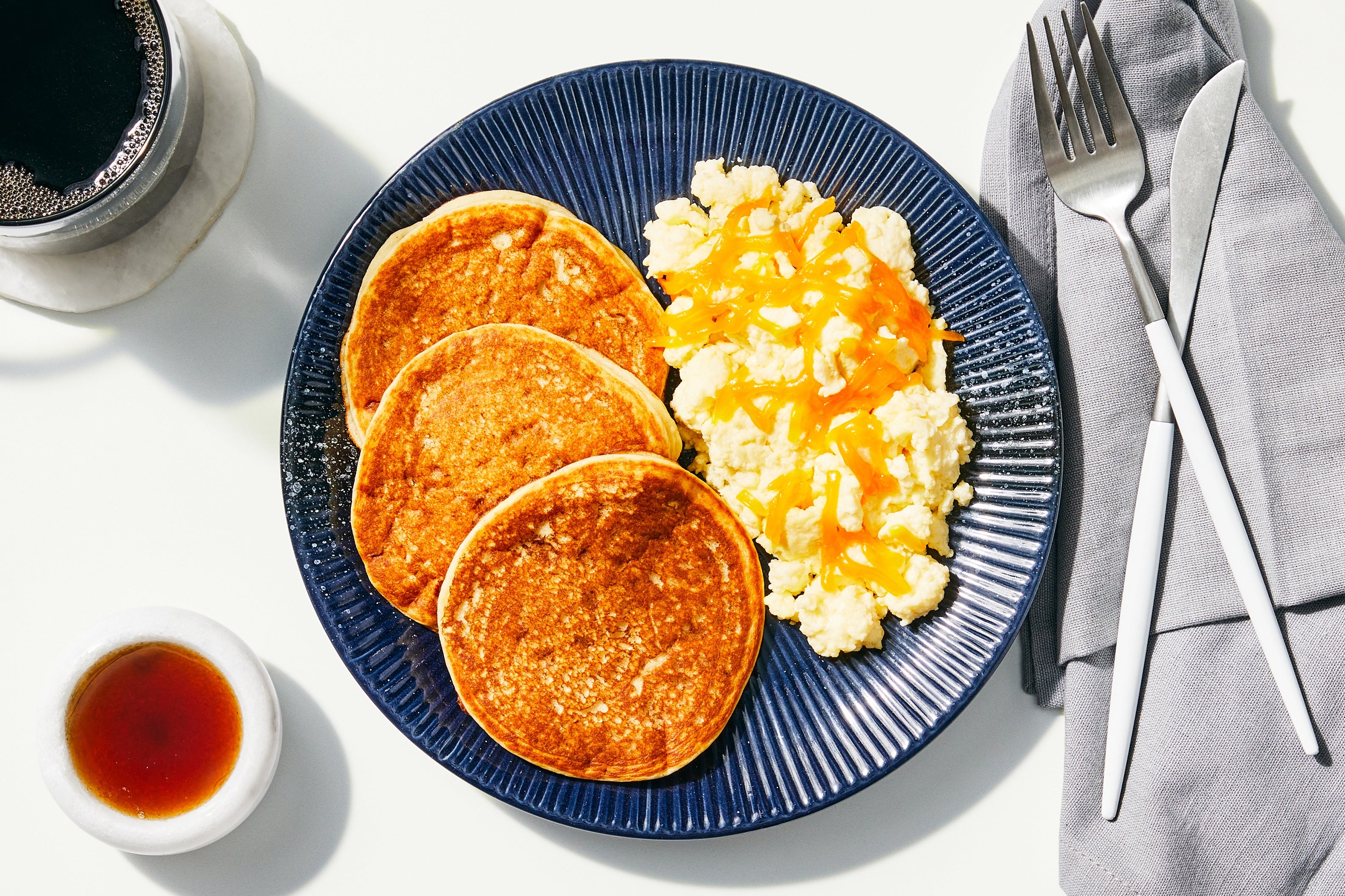 Pancakes & Cheddar Scrambled Eggs