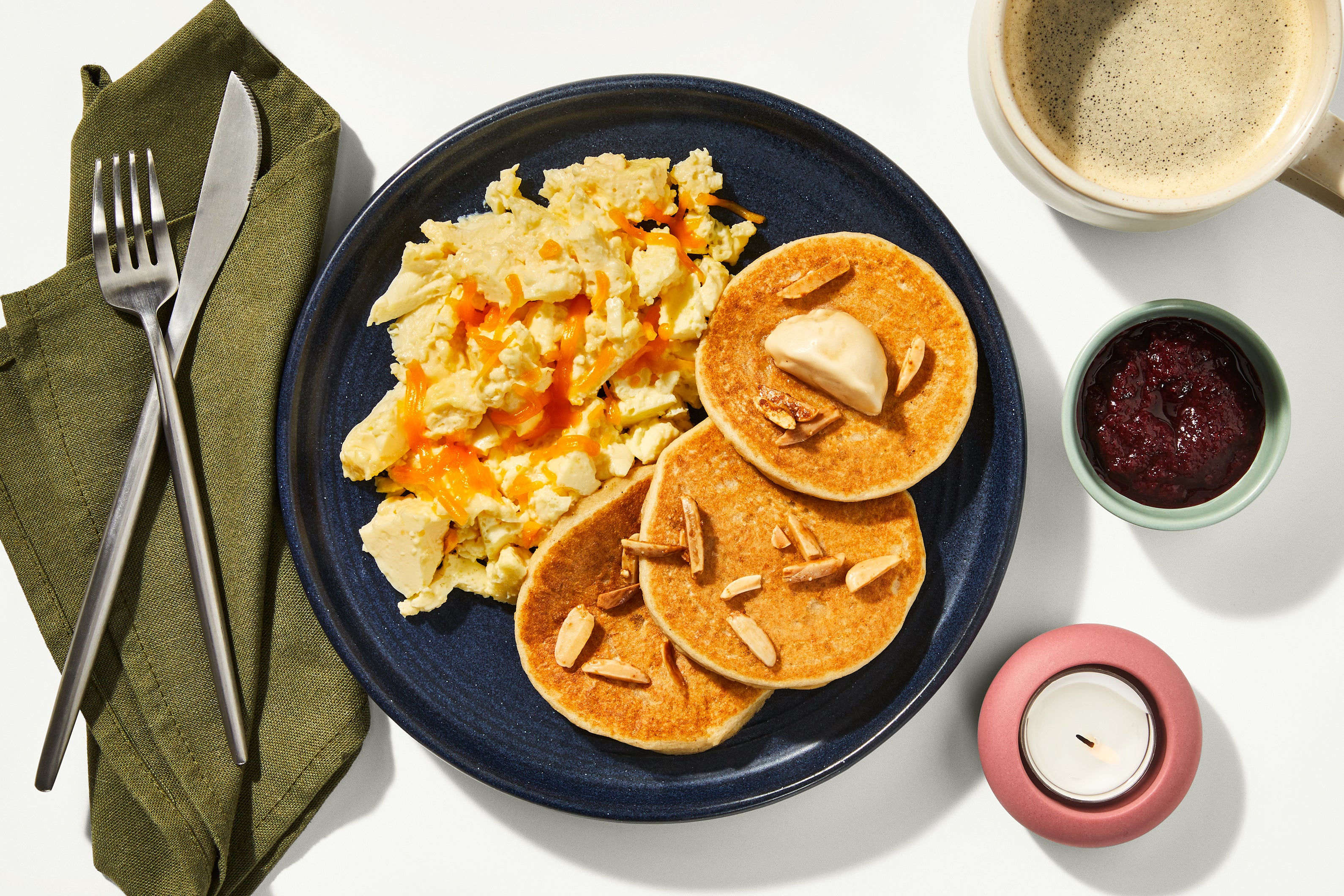 Cherry Almond Pancakes & Cheddar Scramble
