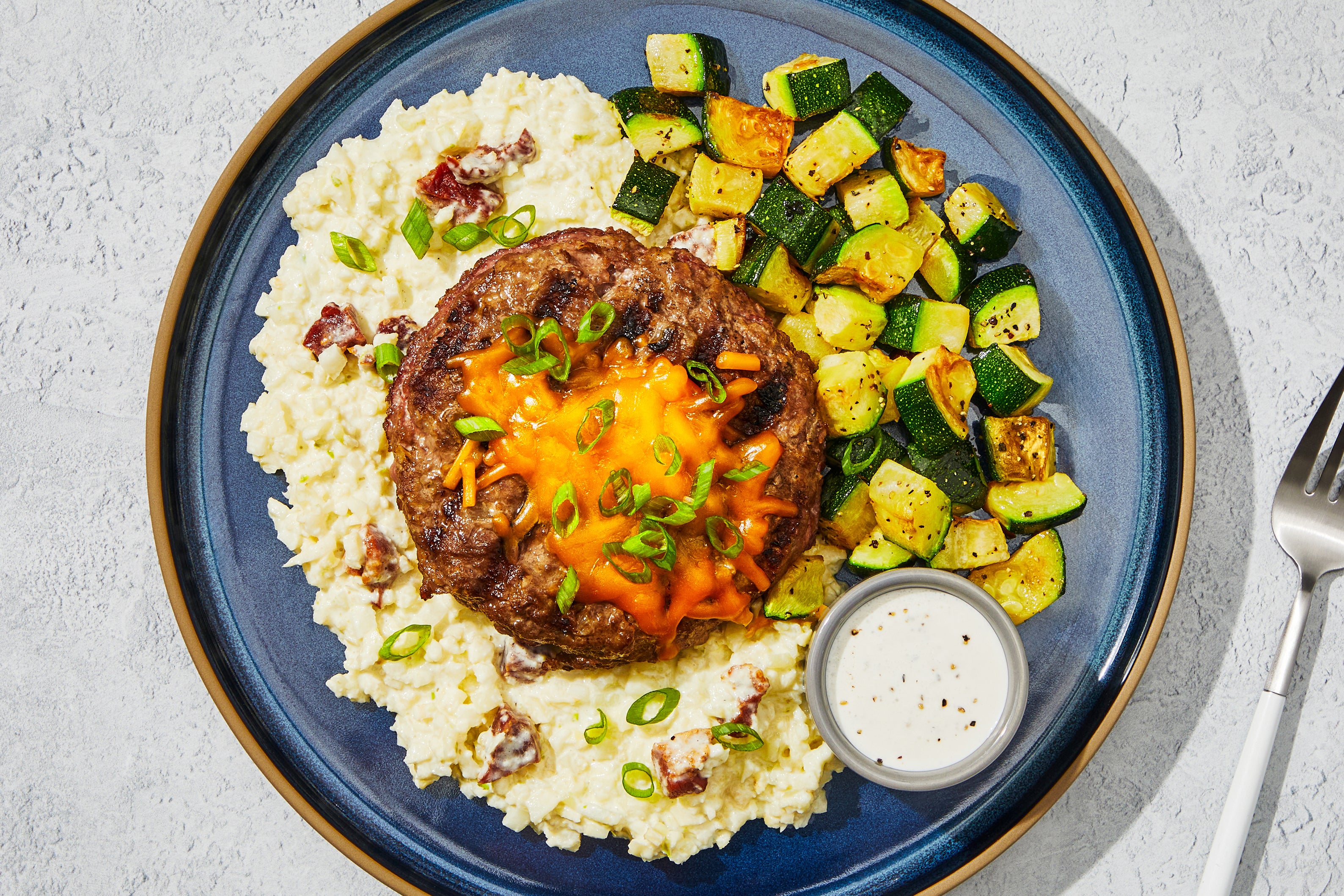 Texas Cheddar Burger & Bacon Cauli Grits